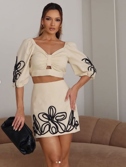 Openwork Bow And Short Skirt With Floral Rope Embroidery Coord Set